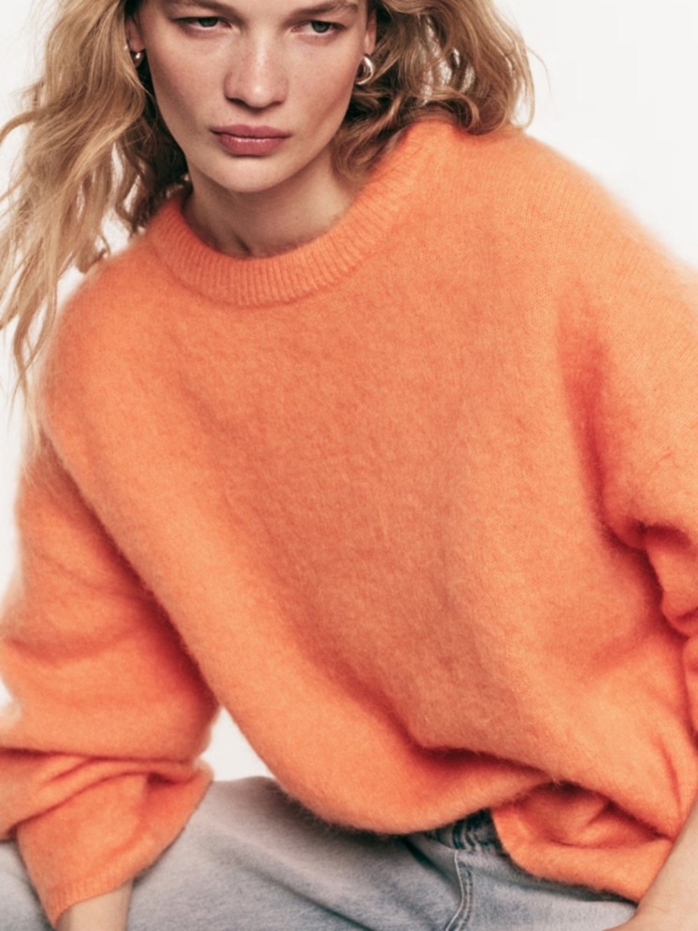 H&M Oversized Mohair Blend Plush Crewneck Sweater in Bright Coral Orange. Size S